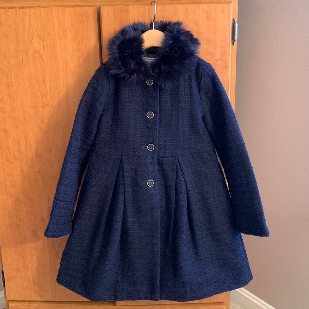 Janie and Jack Girls Navy Boucle Coat with Faux Fur Collar (Size 5 to 6)